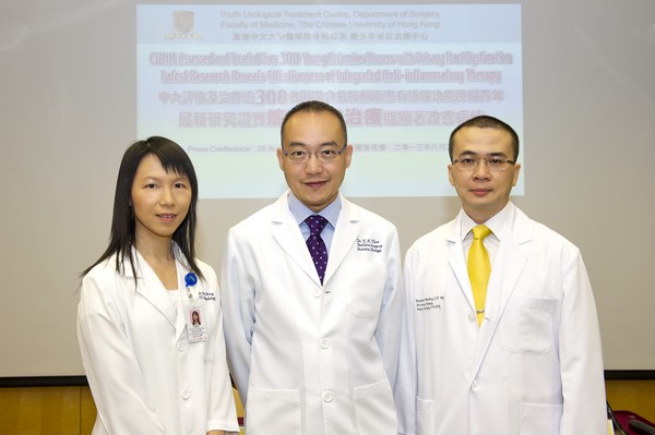 (From left) Prof. Grace Lai Hung Wong, Associate Professor, Department of Medicine and Therapeutics; Dr. Tam Yuk-him, Consultant, Division of Paediatric Surgery and Paediatric Urology and Prof. Anthony Chi-fai Ng, Professor, Division of Urology of the Department of Surgery at CUHK and Co-Directors of Youth Urological Treatment Centre, present their recent research which reveals effectiveness of integrated anti-inflammatory therapy on young ketamine abusers with urinary tract dysfunction.