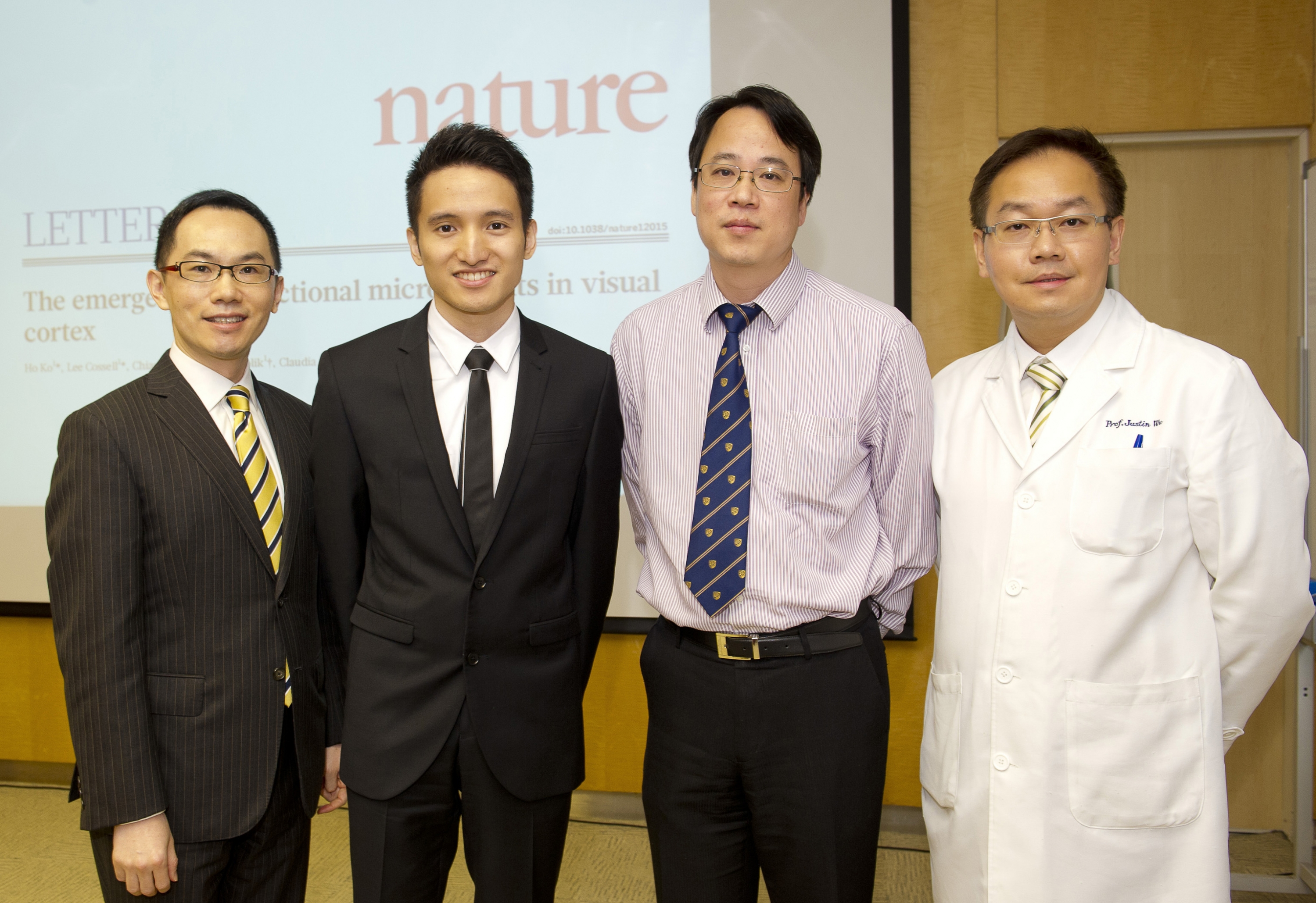 (From left) Prof. Vincent Chun-tong MOK, Assistant Dean (Clinical) and Professor, Division of Neurology, Department of Medicine and Therapeutics; Dr. Owen KO Ho, MBChB Year 3 student; Prof. Wing-ho YUNG, Professor, School of Biomedical Sciences and Prof. Justin Che-yuen WU, Associate Dean (Clinical), Faculty of Medicine at CUHK.