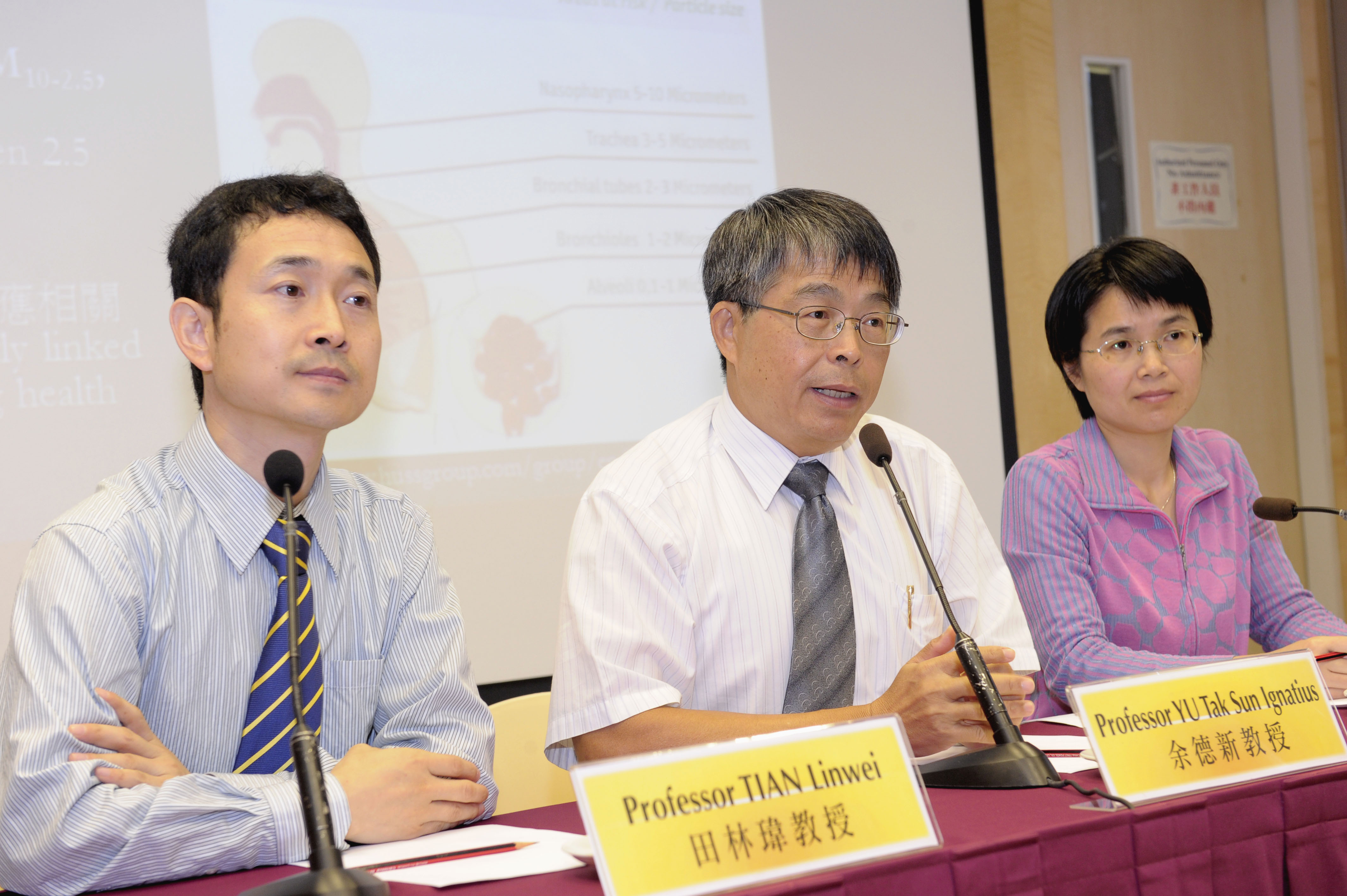 (From left) Prof. Tian Linwei, Assistant Professor; Prof. Yu Tak Sun Ignatius, Head; and Ms. Qiu Hong, PhD Candidate, Division of Occupational and Environmental Health, the Jockey Club School of Public Health and Primary Care at CUHK present their recent research on 'Effects of Coarse Particulate Matter on Emergency Hospital Admissions for Respiratory Diseases' and recommend Hong Kong's New Air Quality Objectives should not ignore coarse particulate pollutants