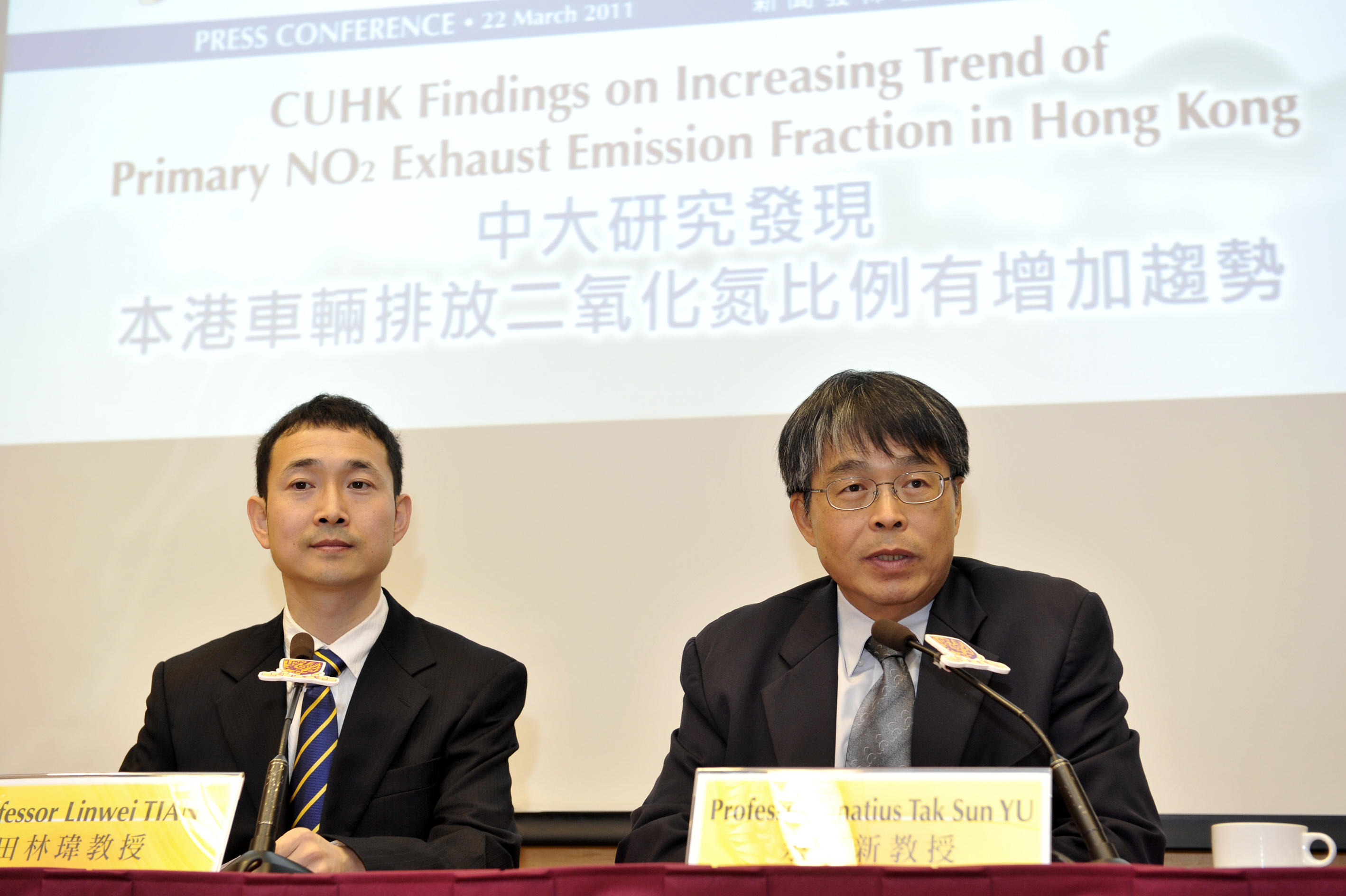 Prof. Linwei TIAN (left), Assistant Professor, and Prof. Ignatius Tak Sun YU, Head of Division, Division of Occupational and Environmental Health, School of Public Health and Primary Care, CUHK