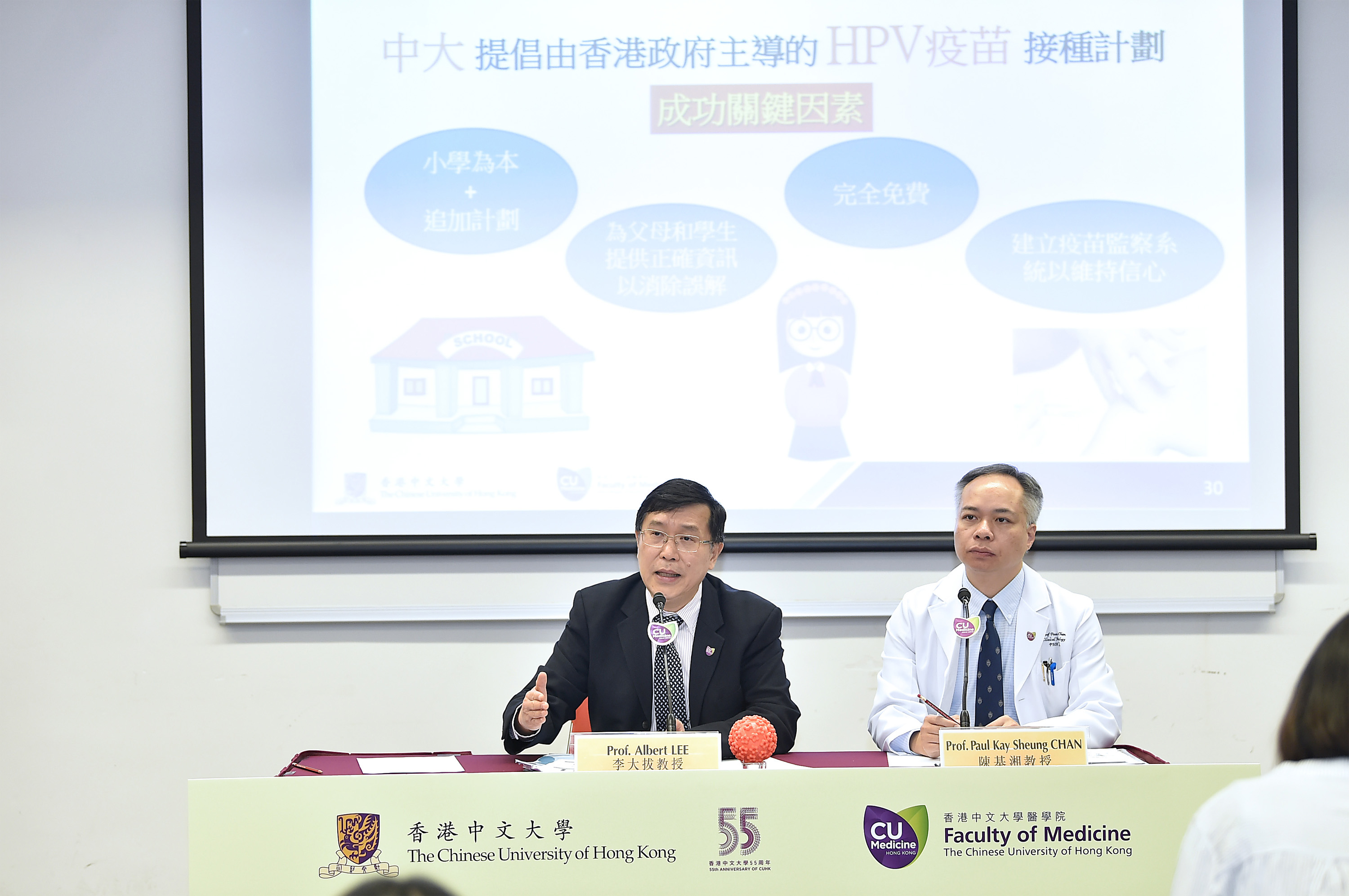 Professor Albert LEE (left) explains parent’s insufficient knowledge in HPV and cervical cancer is the main cause of low vaccine uptake in Hong Kong. Thus, he recommends strengthening health education in this aspect.