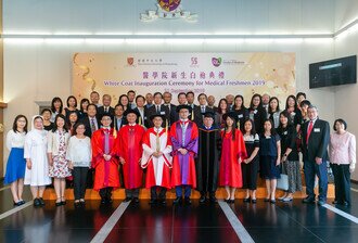 Group photo of CU Medicine Procession members and secondary school principals and teachers