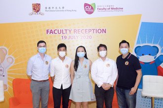 Group photo of the student sharers and moderators (From left: Dr. Jason CHAN, Mr. Leo WONG, Miss Maggie LAM, Mr. Thomas FUNG, Dr. Jeremy TEOH)