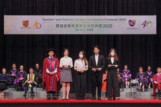 Group photo of student awardees of Schools session on stage