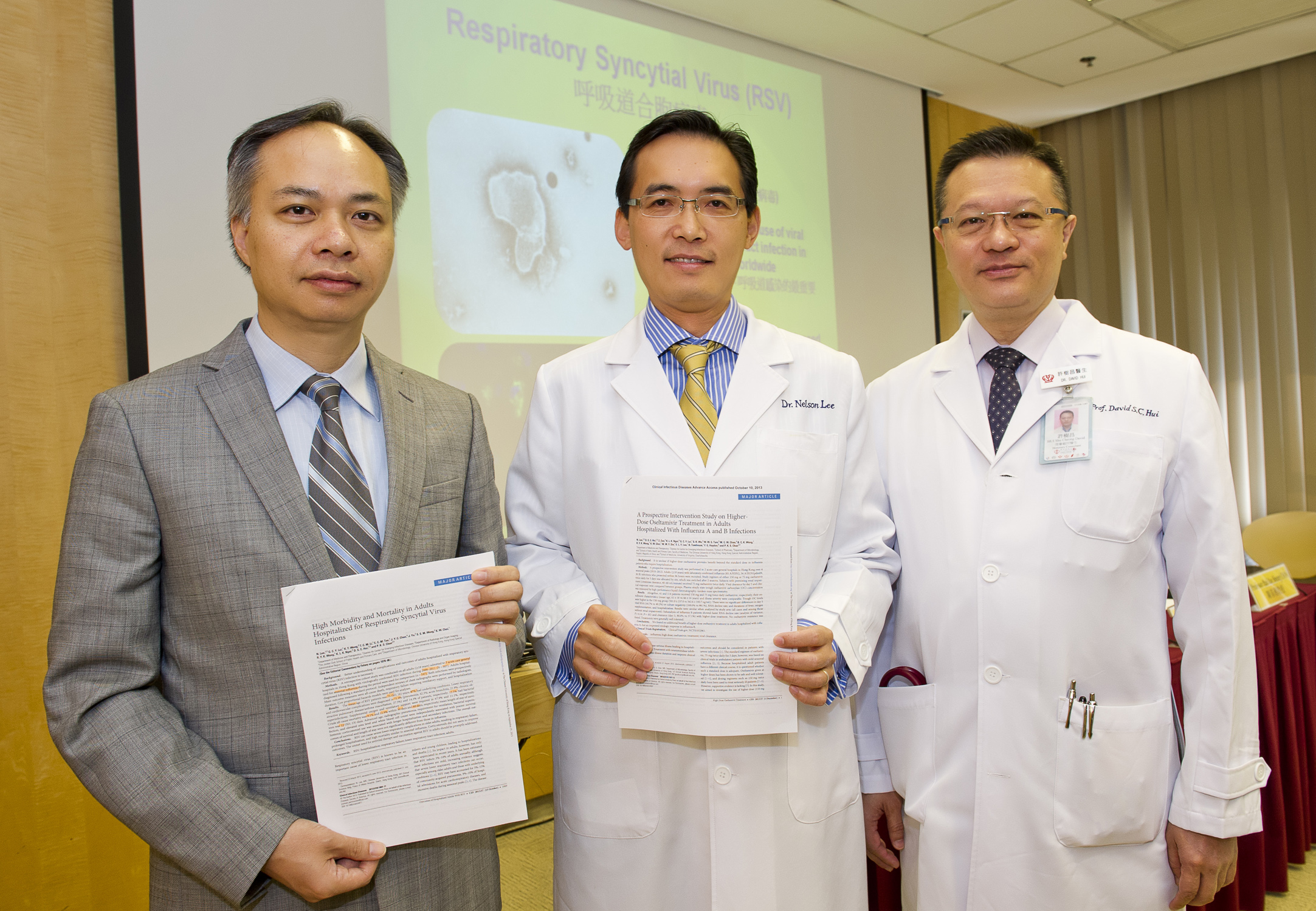 (From left) Professor Paul K.S. CHAN, Chairman, Department of Microbiology; Professor Nelson L.S. LEE, Head of Division of Infectious Diseases, Department of Medicine & Therapeutics and Professor David S.C. HUI, Stanley Ho Professor of Respiratory Medicine, Department of Medicine and Therapeutics at CUHK present their two recent research studies which reveal infections caused by RSV and influenza among Hong Kong adults and elderly could be life-threatening.