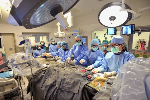 外科丶内科丶麻醉科及介入放射科医生在心血管混合手术室内为病人进行混合检测和程序
