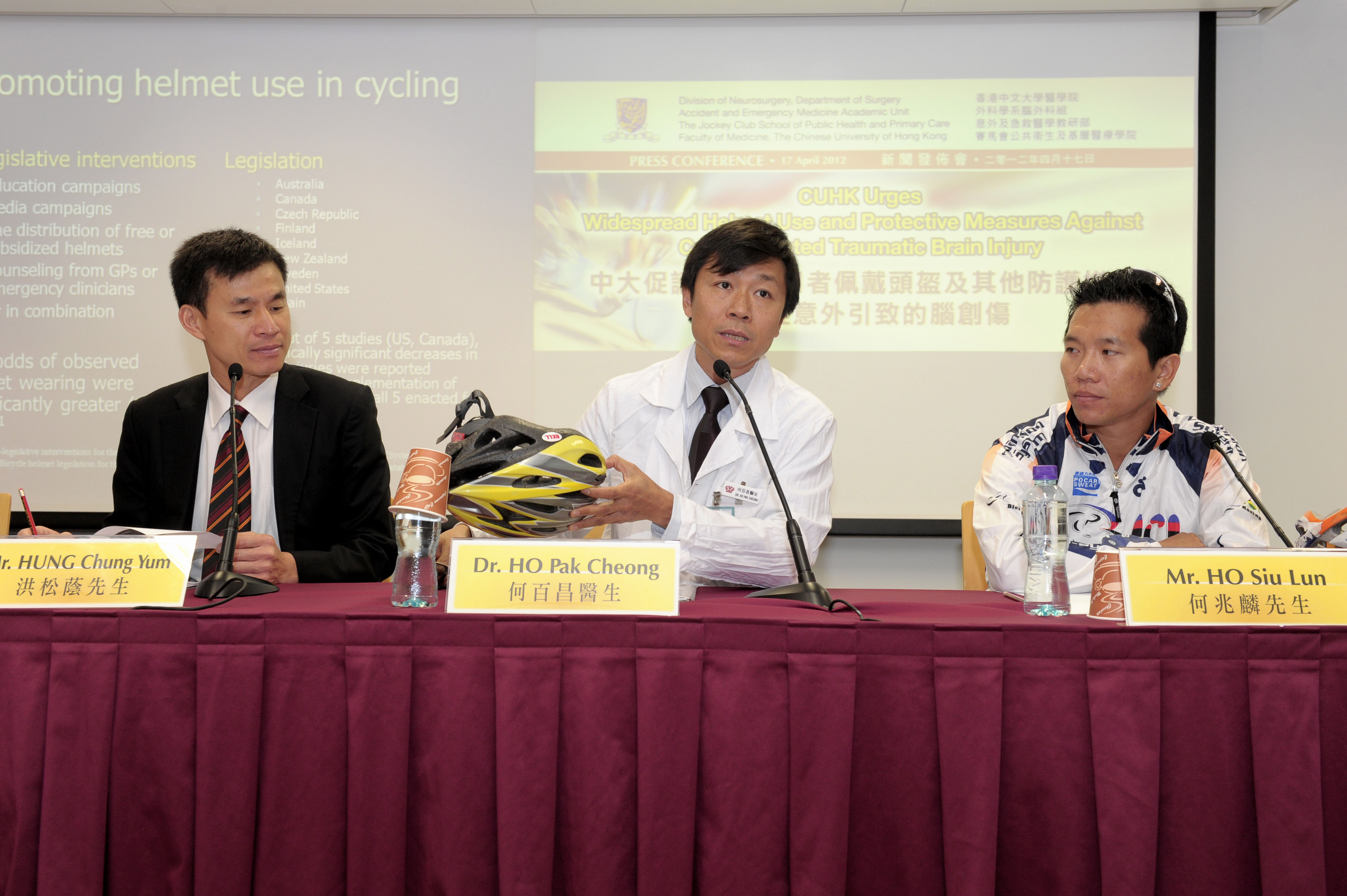 Dr. Ho Pak Cheong (centre), Clinical Associate Professor (honorary), Department of Orthopaedics and Traumatology, CUHK cum Honorary Medical Adviser, Hong Kong Cycling Association; Mr. Hung Chung Yum (left), former veteran cycling athlete; and Mr. Ho Siu Lun (right), Hong Kong Triathlon Team Cycling Coach explain and demonstrate how proper wearing of helmet can help reduce the severity and unfavorable outcomes of the injured from cycling-related traumatic brain injury