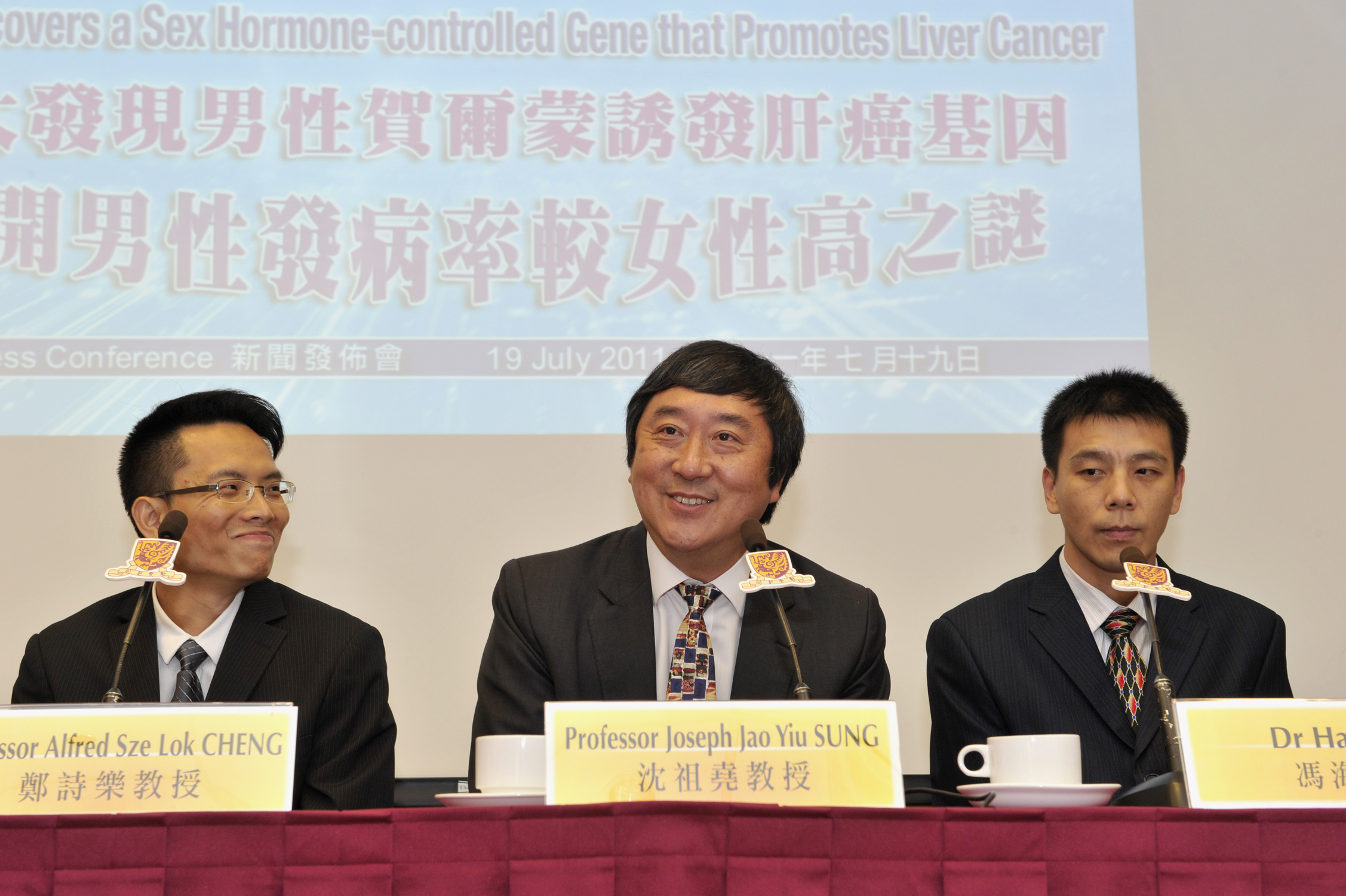 From left: Prof. Alfred Sze Lok CHENG, Prof. Joseph J.Y. SUNG and Dr. Hai FENG discover the reason why liver cancer is more prevalent in men than in women.