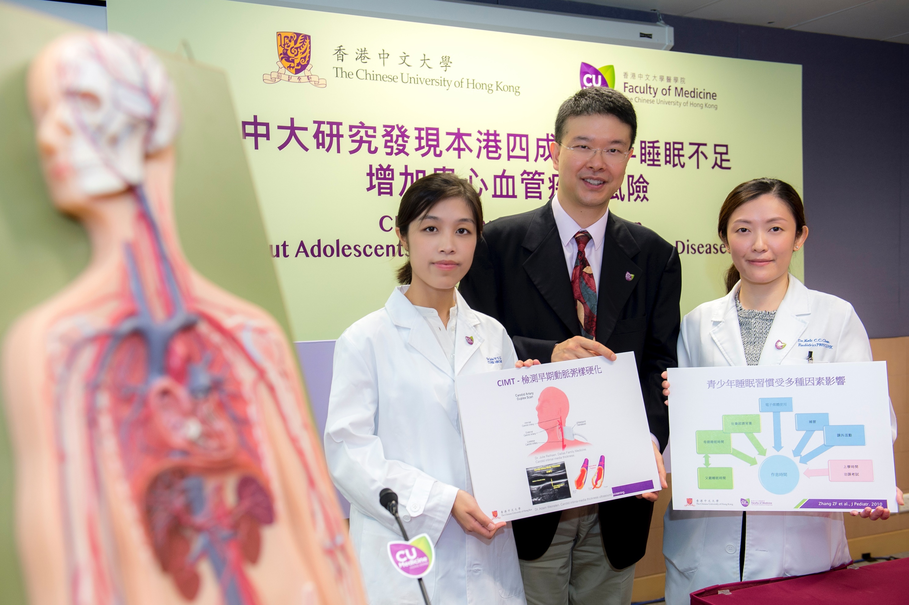 Researchers of the Faculty of Medicine at CUHK have recently conducted a study which revealed that shorter sleep duration puts adolescents at risk of cardiovascular diseases. (From left) Dr. Jade LI, fresh medical graduate of CUHK; Professor Albert LI and Dr. Kate CHAN, both from the Department of Paediatrics of the Faculty of Medicine at CUHK.