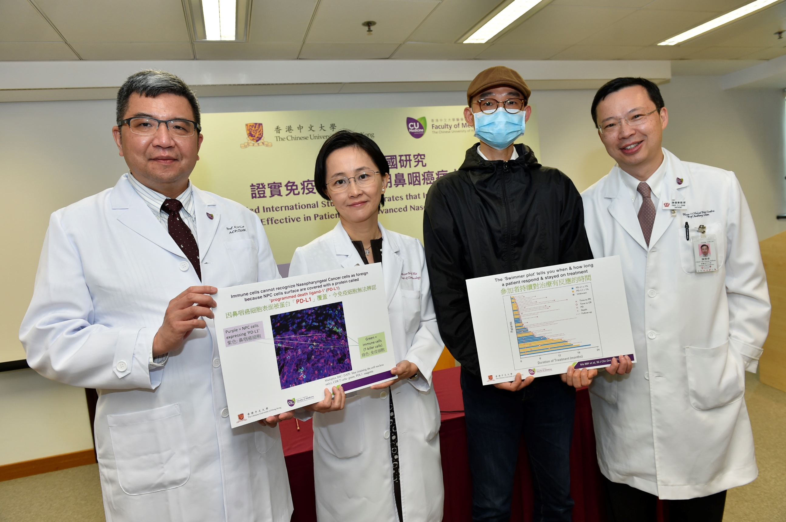 Researchers from the Faculty of Medicine at CUHK led an international study which demonstrates the anti-tumour activity of immunotherapy in recurrent and metastatic nasopharyngeal cancer (NPC) patients. Results show the 1-year overall survival rate was around 60%. (From left) Professor Kwok Wai LO of the Department of Anatomical and Cellular Pathology; Professor Brigette MA of the Department of Clinical Oncology; NPC patient Mr CHAN (pseudo name) and Professor Anthony CHAN, Li Shu Fan Medical Foundation Professor of Clinical Oncology.