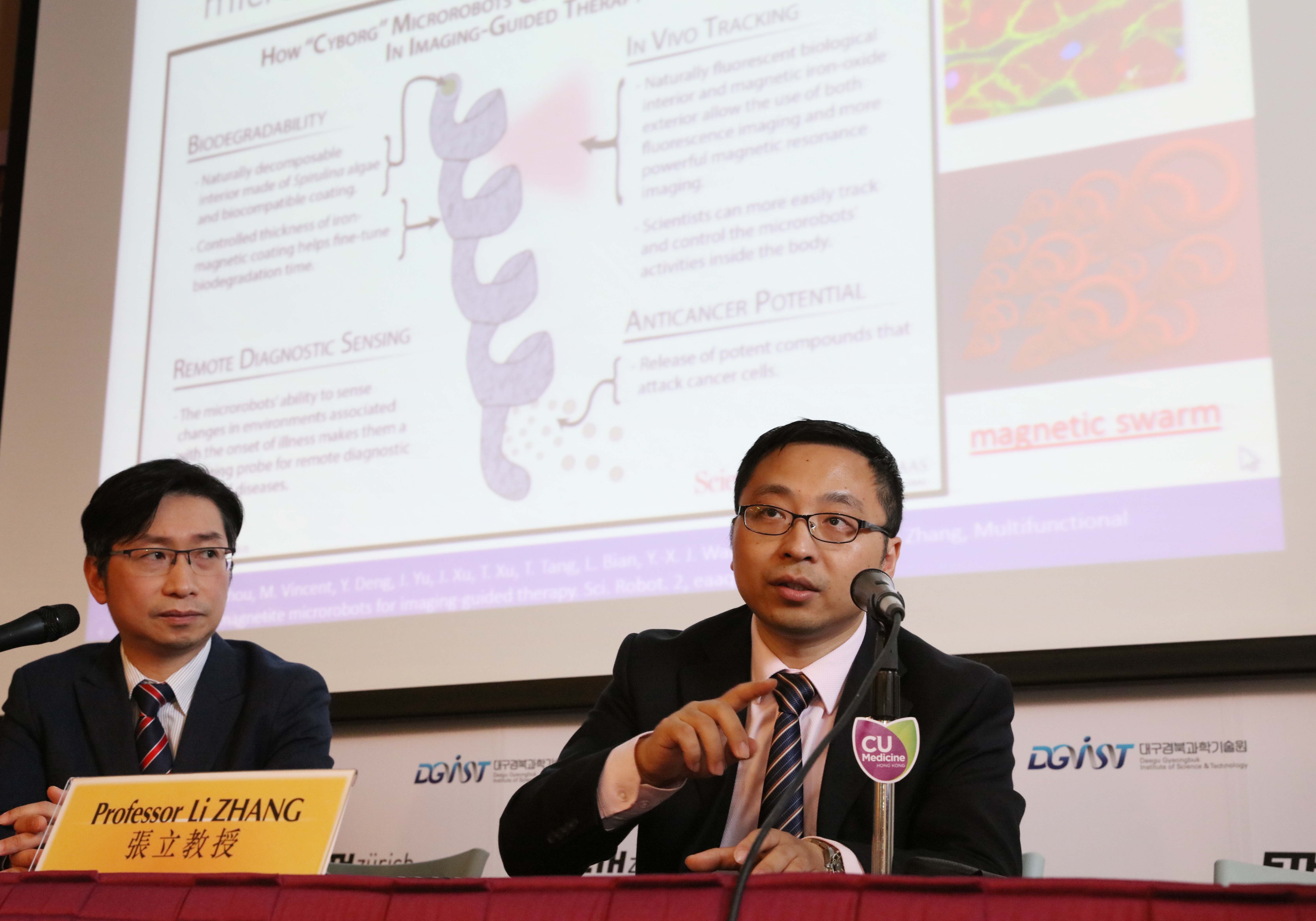 Prof. Li ZHANG (right) says in combination with endoscopy, microbots can help enhance the imaging contrast, direct drug delivery and provide localized therapy with high precision in vivo.