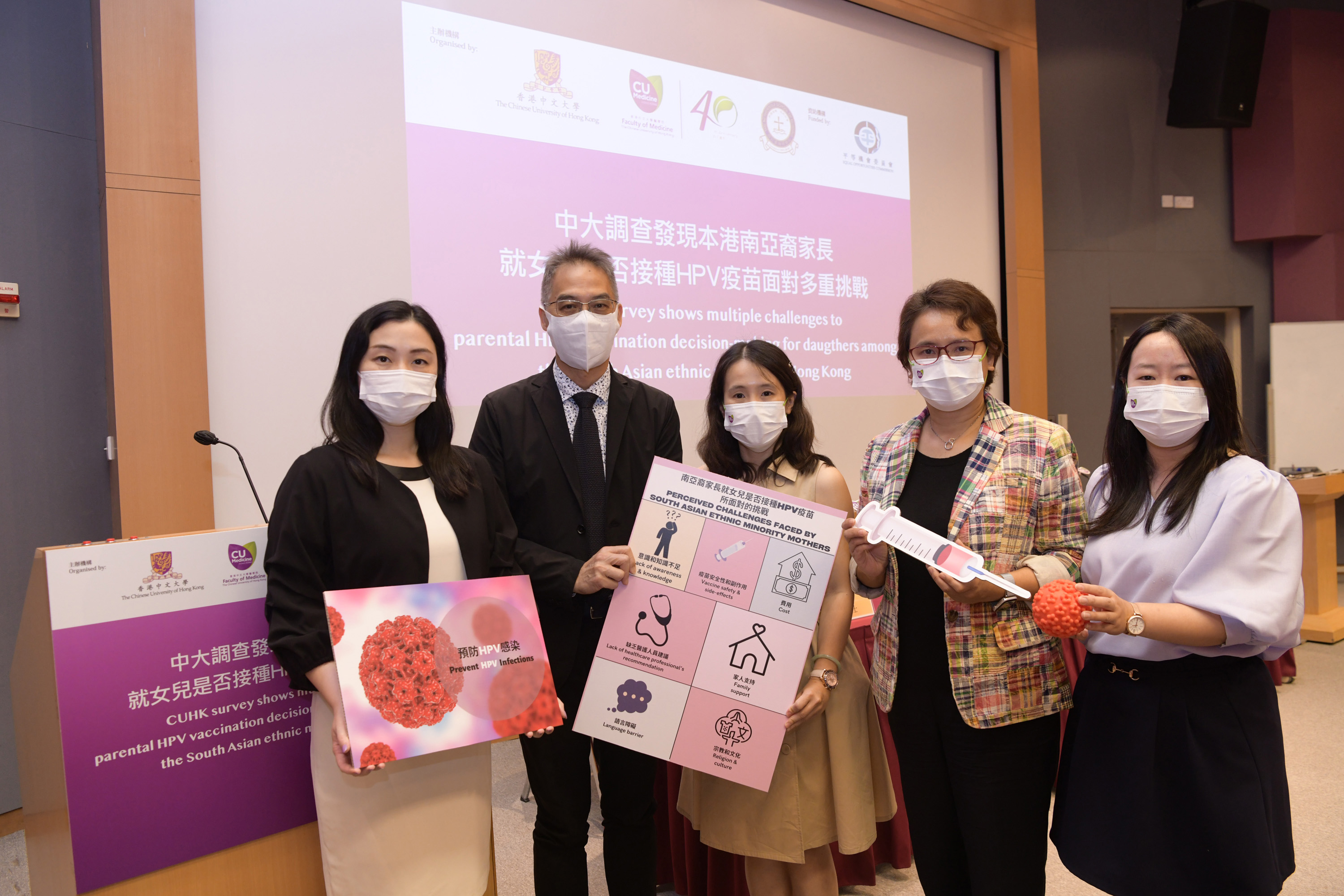 From left：Ms. Doris TSUI, Acting Head (Policy, Research and Training); Dr. Ferrick CHU, Executive Director (Operations), Equal Opportunities Commission; Dr. Dorothy CHAN, Assistant Professor; Professor Winnie SO; and Ms. Pinky LEE, PhD candidate, from The Nethersole School of Nursing at CU Medicine. 