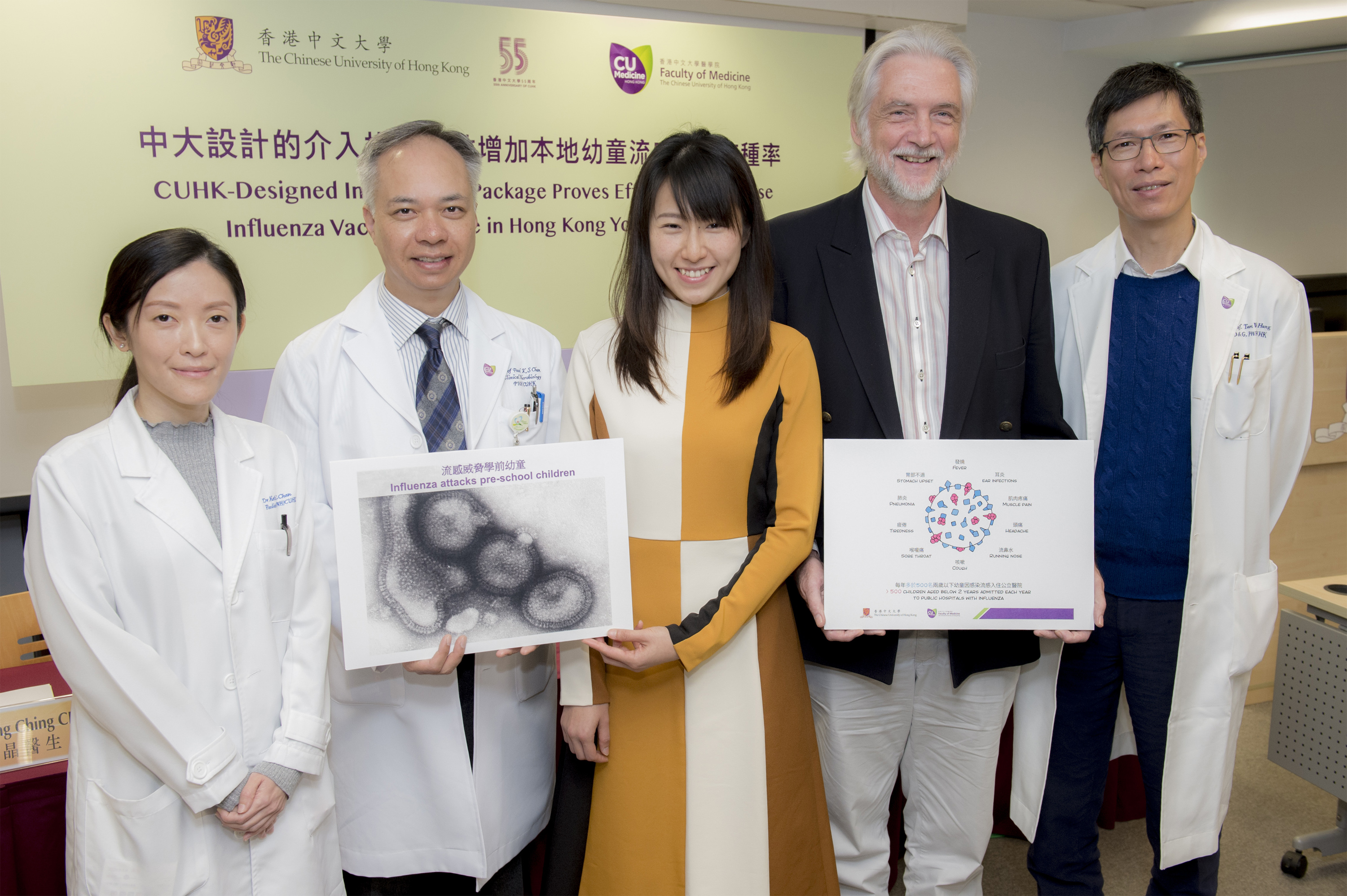 The Faculty of Medicine of CUHK has conducted an intervention trial which proved that a four-component intervention package, designed by CUHK research team, could triple influenza vaccination uptake in children aged below 2 years. (From left: Dr. Kate Ching Ching CHAN, Assistant Professor, Department of Paediatrics, CUHK; Prof. Paul Kay Sheung CHAN, Chairman, Department of Microbiology, CUHK; Dr. Karene Hoi Ting YEUNG, Postdoctoral Fellow, Department of Paediatrics, CUHK; Prof. Tony NELSON, Clinical Professional Consultant, Department of Paediatrics, CUHK; and Prof. Wing Hung TAM, Professor, Department of Obstetrics and Gynaecology)