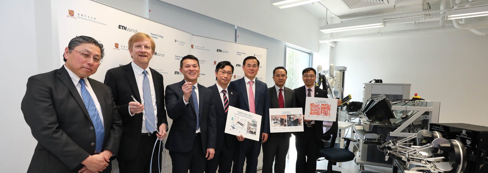 The three top-notch overseas institutions will collaborate with CUHK through the planned Multi-Scale Medical Robotics Centre (MRC) which aims to develop effective and accessible imaging and robotic technologies that will reshape the future of medical diagnosis and treatment of diseases in multiple specialties, and ultimately, improve the quality of life of patients. (From left: Dr. Larry NAGAHARA, Associate Dean of Research, Whiting School of Engineering,　Johns Hopkins University; Prof. Dr. Bradley NELSON, Director of the Multi-Scale Robotics Lab, Institute of Robotics and Intelligent Systems, ETH Zurich; Professor Samuel Kwok Wai AU, Co-Director, Multi-Scale Medical Robotic Centre and Associate Professor, Department of Mechanical and Automation Engineering, Faculty of Engineering, CUHK; Professor Philip Wai Yan CHIU, Co-Director, Multi-Scale Medical Robotic Centre and Professor, Department of Surgery, Faculty of Medicine, CUHK; Professor Guang-Zhong YANG, Director of the Hamlyn Centre