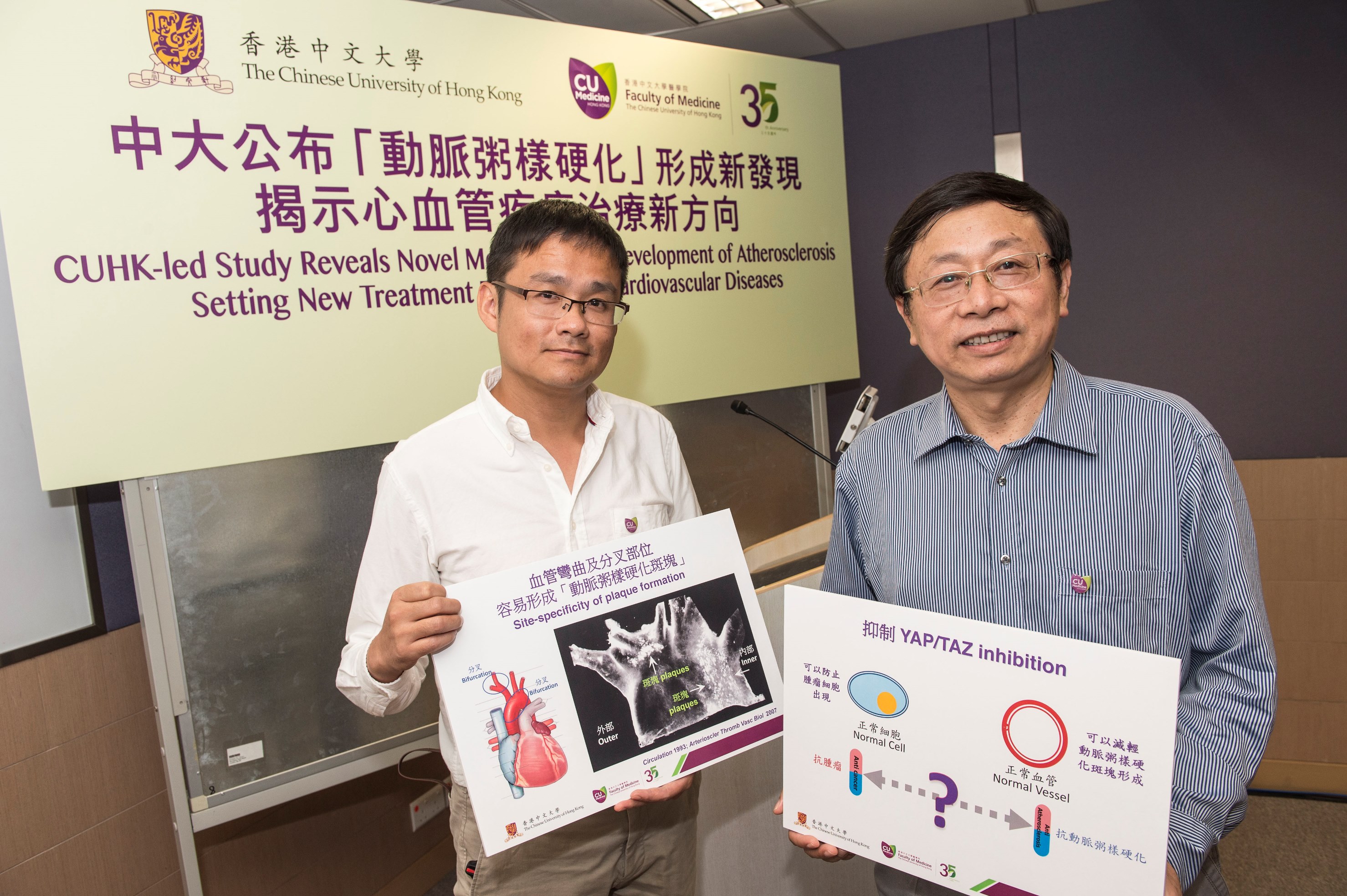 (Right) Prof. Yu HUANG, Professor of the School of Biomedical Sciences and Director of the Institute of Vascular Medicine & Dr. Li WANG, postdoctoral researcher of the School of Biomedical Sciences, Faculty of Medicine, CUHK. 